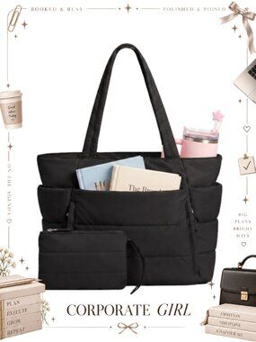 Lightweight Nylon Puffer Tote Bag with Makeup Bag 15.6" Laptop Gym Work Travel